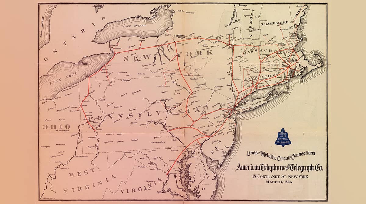1891 AT&T map of telephone lines in northeastern US.